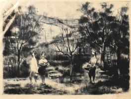 Bordás Ferenc (1911-1982): Almaszüret. Rézkarc, papír, jelzett, kissé foltos, 30x40 cm