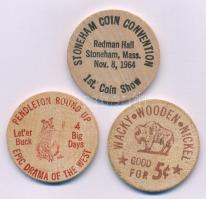 Amerikai Egyesült Államok DN 3xklf fa bárca: "Wooden Nickel / 1st. Coin Show" + "Lloyd's Cleaners / Wacky Wooden Nickel - Good for 5c" + "Big Scroop Ice Cream - Good For Free Ice Cream Cone / Epic Drama of the West" (38,5mm) T:AU,XF  USA ND 3xdiff wooden tokens: "Wooden Nickel / 1st. Coin Show" + "Lloyd's Cleaners / Wacky Wooden Nickel - Good for 5c" + "Big Scroop Ice Cream - Good For Free Ice Cream Cone / Epic Drama of the West" (38,5mm) C:AU,XF