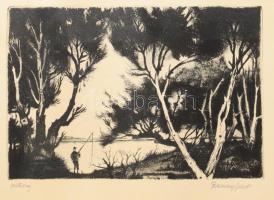 Remsey Jenő (1885-1970): Alkony. Rézkarc, papír, jelzett, kartonra kasírozva, apró lapszéli elszíneződésekkel, kissé vetemedett, 19,5x29 cm