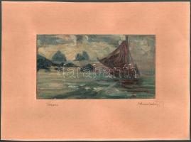 Jaksa István (1894-1982): Vitorlás Capri szigeténél. Olaj, karton, jelzett, hátoldalán Jaksa István autográf feliratával. Paszpartuban, 12,5x23,5 cm