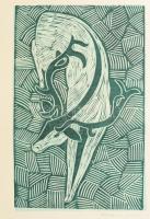 Konecsni Zsizsi (1911-2000): Gímszarvas. Linómetszet, papír, jelzett. Hajtásnyommal. Lapszéli apró szakadással. 35x22 cm
