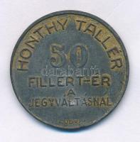 Cserepes Iván (1901-1944) / Ludvig József 1932. "Honthy Tallér - 50 Fillért ér a jegyváltásnál / Pesti Színház - Áprilisi Vőlegény" kétoldalas fém színházi bárca (30mm) T:F, patina