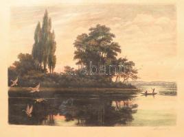 Paulovits Pál (1892-1975): Alkonyat (vadászat). Színezett rézkarc, papír, jelzett. Kissé foltos. 27×37,5 cm