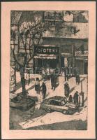 Olvashatatlan jelzéssel: Taxiállomás (Közért, Ofotért, retro Budapest). Rézkarc, papír, hajtásnyommal, 30×19,5 cm