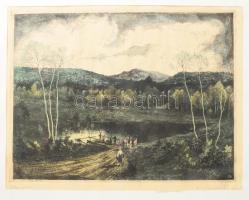 Marich Géza (1913-1985): Folyóparton. Színezett rézkarc, papír, jelzett, lapszéli apró foltokkal, paszpartuban, 29×40 cm