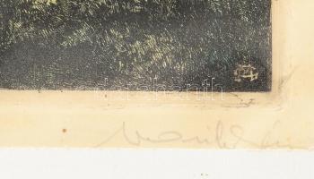 Marich Géza (1913-1985): Folyóparton. Színezett rézkarc, papír, jelzett, lapszéli apró foltokkal, pa...