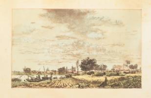 Görög Rezső (1930-): Herke-tó. Színes rézkarc, papír, jelzett. Lap széle foltos. Kartonra kasírozva. 23,5x39 cm