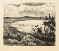 Fehér Ilona (1913-1983): Balatoni öböl. Rézkarc, papír, jelzett, számozott (15/100. Kartonra kasírozva. Kissé vetemedett. 23,5x39 cm