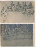 2 db RÉGI katonai témájú grafikai képeslap: mulatozó katonák asztaltársasága / 2 pre-1945 military graphic art postcards