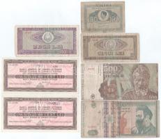 Románia 1947. 100L + 1966. 5L + 1966. 10L + 1983. "Román Külkereskedelmi Bank" 100L utazási csekk (2x) közeli sorszámok + 1991. 500L + 1992. 500L T:VF-VG Romania 1947. 100 Lei + 1966. 5 Lei + 1966. 10 Lei + 1983. "Romanian Foreign Trade Bank" 100 Lei travellers cheques (2x) close serials + 1991. 500 Lei + 1992. 500 Lei C:VF-VG