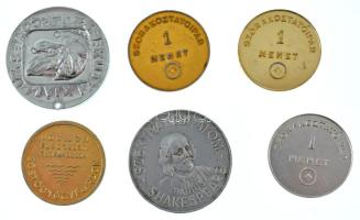 1973. "Kutyakiállítás Esztergom / 1000 éves Esztergomi emlékkiállítás - MEOE" (Magyar Ebtenyésztők Országos Egyesülete) kétoldalas Al emlékmedál (37,5mm) + DN "Szentivánéji Álom" kétoldalas Al zseton (37mm) + DN "Sóstógyógyfürdő / Üdüljön Fürdőzzön Szórakozzon Sóstógyógyfüdőn" kétoldalas aranyozott Al zseton (29mm) + DN "Szórakoztatóipar - 1 Menet" egyoldalas Al játéktermi zseton (3xklf színben), (30mm) T:VF