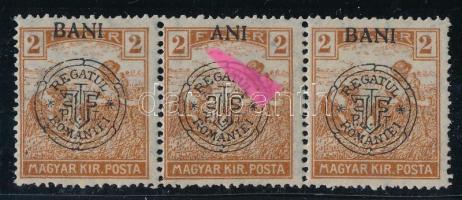 Kolozsvár 1919 Arató 2f hármascsík, benne "ANI" lemezhiba, Bodor vizsgálójellel