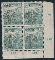 Kolozsvár 1919 Arató 6f ívsarki négyestömb, benne megszakadt kör lemezhiba, Bodor vizsgálójellel