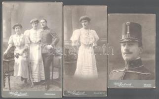 cca 1900 Hadnagy és felesége portréja, 3 db keményhátú fotó Rembrandt (Pancsova/Brassó) műterméből, sérülésekkel, 16,5×10,5 cm és 20×10 cm és 21×13,5 cm