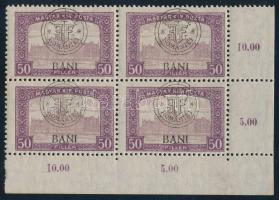 Kolozsvár 1919 Parlament 50f ívsarki négyestömb, benne megszakadt kör lemezhiba, Bodor vizsgálójellel