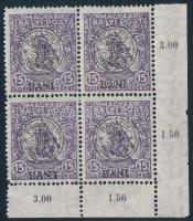 Kolozsvár 1919 Hadisegély 15f ívsarki négyestömb, benne törött kör és távoli I betű a BANI szóban lemezhiba, Bodor vizsgálójellel