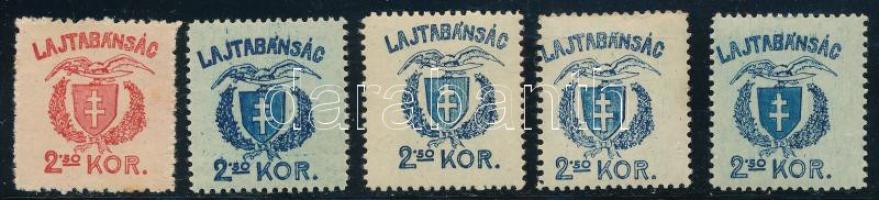 Nyugat-Magyarország VII. 1921 5 db 2,50K színváltozatokban, közte piros színű is, Bodor vizsgálójellel
