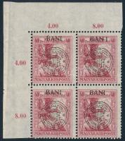 Kolozsvár 1919 Hadisegély 40f ívsarki négyestömb, benne távoli I betű a BANI szóban lemezhiba, Bodor vizsgálójellel