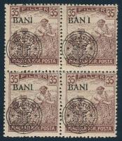Kolozsvár 1919 Arató 35f négyestömb, benne távoli I betű a BANI szóban lemezhiba, Bodor vizsgálójellel