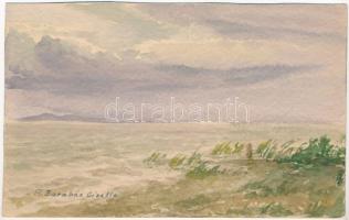 Barabás Reismann Gizella (1893-1985): Balatonpart. Akvarell, papír, jelzett, hátoldalán Barabás Reismann Gizella autográf soraival. 12,5×20 cm