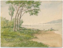 Barabás Reismann Gizella (1893-1985): Balatonzamárdi partja, 1939. Akvarell, papír, jelzett, hátoldalán Barabás Reismann Gizella autográf soraival. 12×16 cm