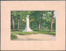Barabás Reismann Gizella (1893-1985): Arany János szobra a Margitszigeten. Akvarell, papír, jelzett, hátoldalán Barabás Reismann Gizella autográf soraival. Paszpartuban. 13×20 cm