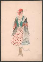 Váradi jelzéssel: Lány kendőben és színes ruhában (jelmezterv?), akvarell, papír, apró foltokkal. 29×20 cm
