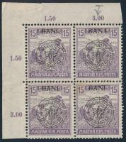 Kolozsvár 1919 Arató 15f négyestömb, benne távoli I betű a BANI szóban lemezhiba, Bodor vizsgálójellel