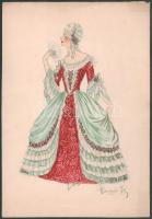 Váradi jelzéssel: Hölgy legyezővel (jelmezterv?), akvarell, papír, néhány kevés apró folttal. 29×20 cm