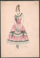 Váradi jelzéssel: Lányka csokorral (jelmezterv?), akvarell, papír, apró foltokkal. 29×20 cm