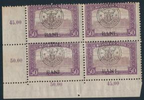 Kolozsvár 1919 Parlament 50f ívsarki négyestömb, benne távoli I betű a BANI szóban lemezhiba, Bodor vizsgálójellel