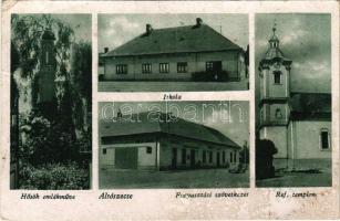 1942 Alsószecse, Nagy-Szecse, Dolná Sec (Léva, Levice); Hősök emlékmű, Református népiskola és templom, Fogyasztási szövetkezet, autómobil. Kiadja Hanza / military monument, Calvinist school and church, shop, automobile + "ALSÓSZECSE POSTAÜGYN." (b)