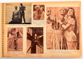 Színészeket, színésznőket, filmjeleneteket ábrázoló újságkivágások gyűjteménye, szépen összeállítva, nagyalakú, spirálfűzéses füzetbe beragasztva, a képek alatt feliratozva, egy lapon kivágásból eredő hiánnyal, 24x33 cm