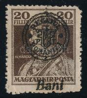 Nagyvárad 1919 Károly 20f elcsúszott felülnyomattal, a Bani szó alulra került, Bodor vizsgálójellel