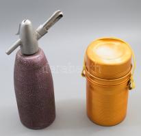 Retro magyar festett alumínium termosz és szódás szifon, m: 30 cm