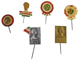 Vegyes 5xklf "Petőfi" műanyag és fém jelvény, közte 1948. "Petőfi" részben zománcozott fém kokárda alakú lemezjelvény (19,5mm) + DN "Kossuth" festett, kokárda alakú műanyag jelvény T:XF,VF, törött tű, nem eredeti tű, festékkopás