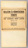cca 1929 Balaton és környéke térkép, 4 lap, 1:75 000, Bp., M. Kir. Térképező Intézet, 2. kiadás, rajta a Balatonhoz vezető vasutak vázlatos térképével is, eredeti kissé sérült szalaggal, jó állapotban, 44x61 cm