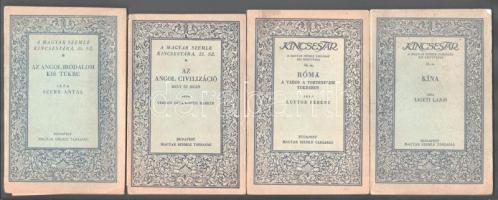Kincsestár sorozat 4 kötete: Szerb Antal: Az angol irodalom kis tükre.; Vernon Duckworth Barker: Az angol civilizáció. Múlt és jelen.; Luttor Ferenc: Róma. A város a történelem tükrében.; Ligeti Lajos: Kína. Múlt és jelen. Bp., 1929-1935, Magyar Szemle Társaság. Kiadói papírkötés, változó állapotban.