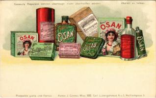 Osan - Czerny's Präparate können überhaupt nicht übertroffen werden. Anton J. Czerny, Wien XVIII. Carl Ludwigstrasse 6. und I. Wallfischgasse 5. / Bécsi kozmetikumok reklámlapja / Viennese cosmetics advertisement, litho (EK)