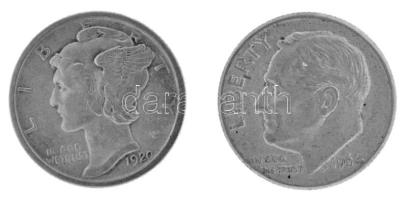 Amerikai Egyesült Államok 1920. 1d (10c) Ag "Mercury" + 1964D 1d (10c) Ag "Roosevelt" T:XF patina USA 1920. 1 Dime (10 Cents) Ag "Mercury" + 1964D 1 Dime (10 Cents) Ag "Roosevelt" C:XF patina