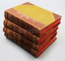 Kraemer, Hans (herausg.): Das XIX. Jahrhundert in Wort und Bild. Politische und Kultur-Geschichte. Band I-IV. [Teljes mű négy kötetben.] Erster Band: 1795-1840. Zweiter Band: 1840-1871. Dritter Band: 1871-1899. Vierter, Supplement-Band: 1900. Berlin-Leipzig-Stuttgart-Wien, [1898-1901]. Deutsches Verlagshaus Bong &amp; Co. (Druck von Metzger &amp; Wittig, Leipzig, VIII + 504 p. + 39 t. (19 színes, ebből 9 dupla oldalas; 16 dupla oldalas) + 1 térkép (színes, dupla oldalas) + 7 hasonmás (3 kétoldalas, egy kétleveles); VIII + 488 p. + 38 t. (13 színes, ebből 10 dupla oldalas, egy kihajtható; 12 dupla oldalas) + 1 térkép (színes, dupla oldalas) + 2 hasonmás (egy kétleveles, egy kétoldalas); VII + [1] + 447 + [1] p. + 36 t. (17 színes, ebből 7 dupla oldalas, egy kihajtható; 10 dupla oldalas, 4 kétoldalas, egy kihajtható) + 2 térkép (színes, ebből egy dupla oldalas) + 2 hasonmás (egy kétoldalas, egy kétleveles); VIII + 480 p. + 36 t. (18 színes, ebből 12 dupla oldalas, 2 kihajtható; 11 dupla oldalas, 2 kihajtható) + 2 térkép (színes, ebből egy dupla oldalas) + 1 hasonmás (kétleveles).  Hans Kraemer (1870-1938) német vállalkozó, nyomdaigazgató, különféle ipari szindikátusok tagja, ismeretterjesztő író, a XIX. századi német birodalmi szemlélet ünneplője, számos illusztrált történelmi ismeretterjesztő munka szerzője. A XIX. század egészét áttekintő művelődéstörténeti munkája egyszerre politika- és diplomáciatörténet, tudomány- és technikatörténet, irodalom-, művészet- és építészettörténet, életmódtörténet és divattörténet (évenkénti viselettörténeti táblákkal), nőtörténet és társadalomtörténet. Társadalomtörténeti szempontból a nyugat-európai értelemben vett udvari-nagypolgári és városi polgári kultúrára koncentrál: így például a párizsi kávéházi kultúra fejlődésének szabadidő-történetéről értékes részletekkel szolgál -- marxista hajlandóságokkal igazán nem vádolható szemlélete a munkás és paraszti rétegek társadalomtörténetére és néprajzára ugyanakkor nem sok szót veszteget. Az első kötet a napóleoni idők általános politika- és művelődéstörténeti részleteit teszi közzé, a második kötet már lokálisabb színezetű: erősebben koncentrál a német egyesülés folyamatára (a Zollverein intézményéről hosszabban értekezik), a német egyesülés folyamata keretében kitekint az 1848-as forradalmak szerkezetére is (beleértve érintőlegesen a magyar forradalom történetét is). Már az első kötet is megünnepelte az ipari forradalom számos találmányát, a második kötet folytatja a sort a fotográfia-, posta- és távírás-történet műszaki áttöréseivel, de nem feledkezik meg Charles Darwin elméletének sorsáról sem. Az 1871-1899-es időszakot áttekintő harmadik kötetben már jelentősebb társadalomtörténeti témák is jelentkeznek, bővebben tárgyalja a kultúrkampfnak, az egyház szociális törekvéseinek, a szociáldemokráciának és a marxizmusnak a kérdéseit. A harmadik kötet elmélyed az államigazgatás, a nemzeti eszme részleteiben is -- együtt a haladást ünneplő nemzetközi világkiállítások ügyével. Az 1871-1899-es kötet a nemzetközi diplomáciai találkozók operettbe illő öltözködési és viselkedési konvencióival éppúgy megismertet, mint a világkiállítások, illetve a birodalomépítések -- illetve a reprezentatív birodalmi építészet -- kapcsán az európai hatalmak önünneplési hajlandóságával, ami korántsem magyar sajátosság, hanem XIX. századi világjelenség a magukra kicsit is adó államok esetében. Záró, negyedik kötetünk csaknem egésze az 1900. évi párizsi világkiállítás tudományos, technológiai, műszaki áttöréseit ünnepli. A kötet végén kisebb kitekintés a dél-afrikai és karib-tengeri kortárs háborúkra, illetve a német hadiipar és flottafejlesztés elrettentő erejére.  Egységes, aranyozott, festett, illusztrált, dombornyomásos kiadói félbőr kötésben, vörös festésű lapszélekkel, kopott borítókkal és gerincekkel, egy-két kihajtható táblán szakadással.