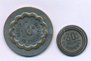 Franciaország DN(1902-1937) "30c A CONSOMMER / DÉPOSE" kétoldalas ezüstözött bronz zseton (18,5mm) + Olaszország DN "10c VALORE IN COSUMAZIONE / STREGON" kétoldalas ezüstözött bronz zseton (30mm) T:VF, ezüstözés kopás France ND(1902-1937) "30c A CONSOMMER / DÉPOSE" two-sided silver plated bronze token (18,5mm) + Olaszország DN "10c VALORE IN COSUMAZIONE / STREGON" two-sided silver plated bronze token (30mm) C:VF, silver plate worn