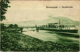 1922 Kovácspatak, Kovacov; Hajóállomás, gőzhajó. Kovácspataki dohánytőzsde és csemegekereskedés kiadása 4773. / ship station, steamship (fl)