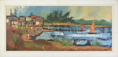 Olvashatatlan jelzéssel: Vitorlások. Olaj, falemez. 36x80 cm, dekoratív keretben.