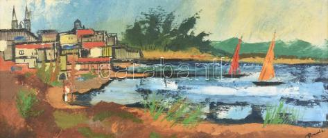 Olvashatatlan jelzéssel: Vitorlások. Olaj, falemez. 36x80 cm, dekoratív keretben