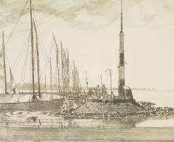 Csurgói Máté Lajos (1931-2001): Siófoki móló. Rézkarc, papír, jelzett, 26x60 cm, üvegezett fakeretbe...