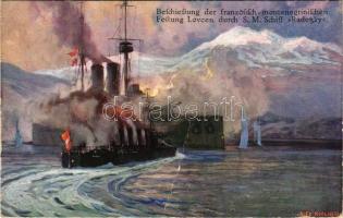 Beschießung der französisch-montenegrinischen Festung Lovcen durch SMS Radetzky (Linienschiffe). K.u.K. Kriegsmarine. Offizielle Postkarte des Österreichischen Flottenvereines zu Gunsten der Kriegsfürsorge. Postkartenverlag Brüder Kohn / WWI Austro-Hungarian Navy SMS Radetzky pre-dreadnought battleship bombing French-Montenegrin fortress Lovcen. s: Alex Kircher + "K. u. k. Kriegsmarine S. M. S. "ÁRPÁD" (fa)