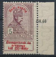 1914 Hadisegély I. 5K ívszéli bélyeg, az ívszéli összegzési szám részben a bélyeghez fogazva (9.000+++)