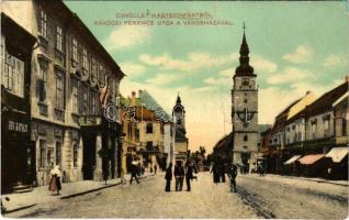 Nagyszombat, Tyrnau, Trnava; Rákóczi Ferenc utca, Városháza, üzletek. W.L. Bp. 698. / street view, town hall, shops (r)