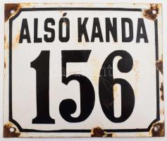 Régi zománcozott fém tábla "Alsó Kanda 156" felirattal, zománchibákkal, rozsdafoltokkal, 15x18 cm